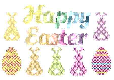 Happy Easter with cross stitched embroidery pattern, vector のイラスト素材