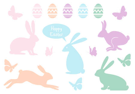 Happy Easter with bunnies, eggs and butterflies, vector design elementsのイラスト素材