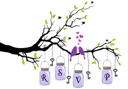 RSVP, wedding invitation with birds, jars and keys, vectorのイラスト素材