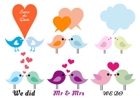 cute love birds with hearts, set of vector design elementsのイラスト素材