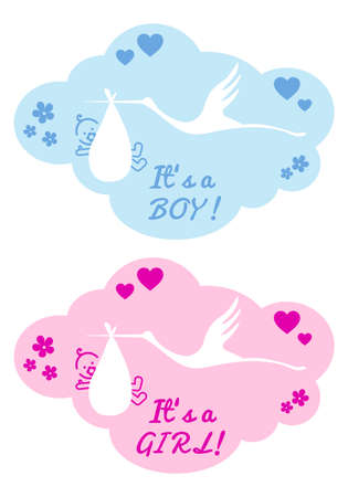 stork with new baby boy and girl, vector design elementsのイラスト素材