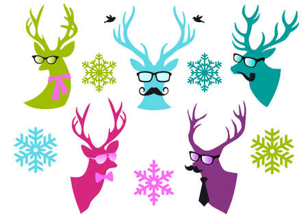 Christmas deer  heads with mustache and spectacles, set of vector design elementsのイラスト素材