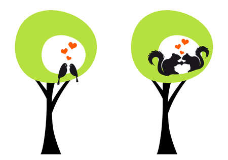 green trees with birds and squirrels, vector illustrationのイラスト素材