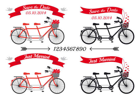 wedding invitation, tandem bicycles and ribbons, vector design elementsのイラスト素材