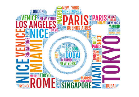 sightseeing, photo camera with city names, word art, vector illustrationのイラスト素材
