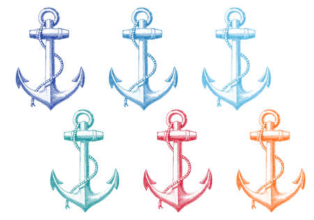 vintage anchor with rope, set of vector deign elementsのイラスト素材