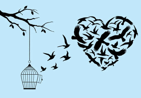 flying birds in heart shape with birdcage and tree, vector illustrationのイラスト素材