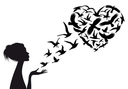 Heart shaped  flying birds with woman silhouette, vector illustrationのイラスト素材