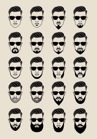 young male face with hipster beards and mustache, bearded user icons, avatar, vector set