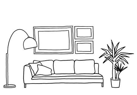 living room interior with blank picture frames, hand-drawn mock-up, vector illustrationのイラスト素材
