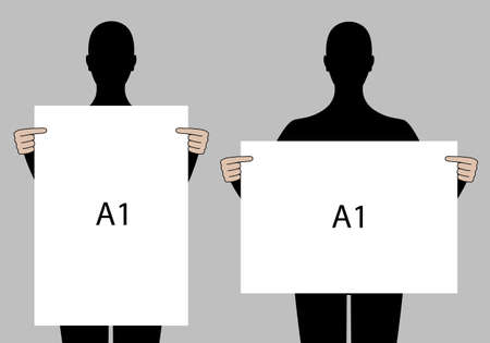 people holding poster mock-up, blank picture templates, vector setのイラスト素材