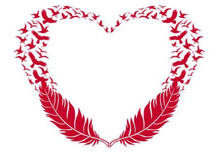 red heart with feathers and flying birds, vector illustration for Valentine's dayのイラスト素材