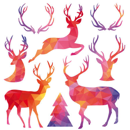 Christmas deer with low poly geometric pattern, set of vector design elementsのイラスト素材