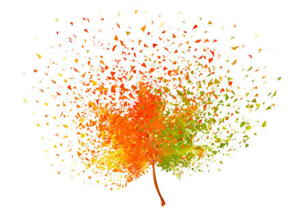 Colorful autumn leaf with flying particles, vector illustration over white backgroundのイラスト素材