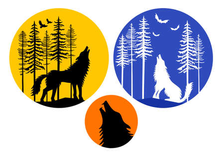 Howling wolf with moon, fir trees and flying birds, set of vector design elementsのイラスト素材