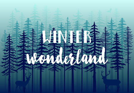 Blue winter forest with fir trees, deer and birds, vector background illustration