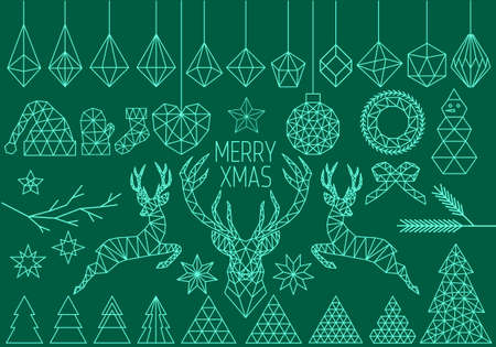 Abstract geometric Christmas set, polygon reindeer, low poly vector design elementsのイラスト素材