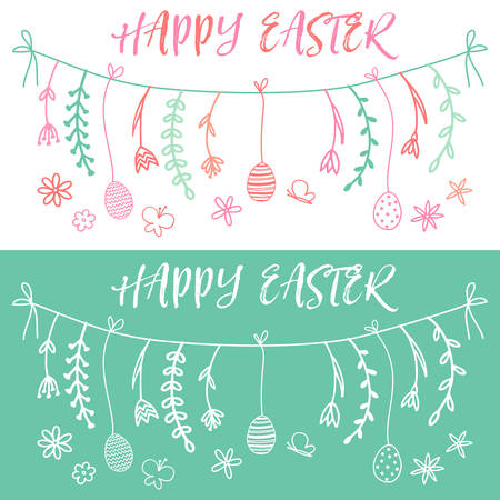 Happy Easter banner with hand drawn vector design elementsのイラスト素材