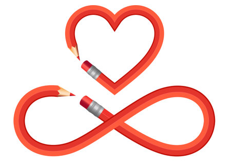 Red pencil heart and infinite sign, infinite symbol, set of vector graphic design elementsのイラスト素材