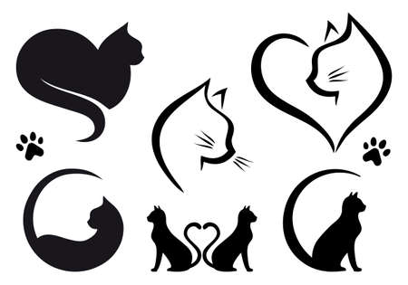 Cat designs with heart, set of vector graphic design elementsのイラスト素材