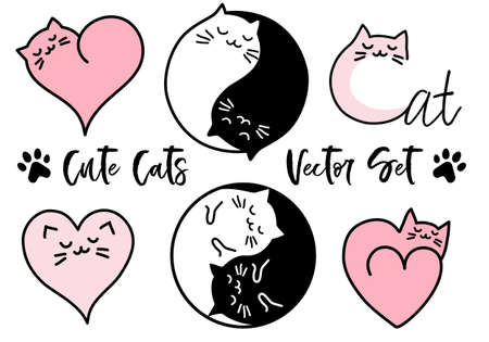 Cute cats yin yang sign, heart symbol, set of vector design elementsのイラスト素材