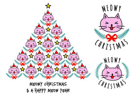 Christmas tree with cat faces, cute kawaii vector illustration for Christmas cardsのイラスト素材