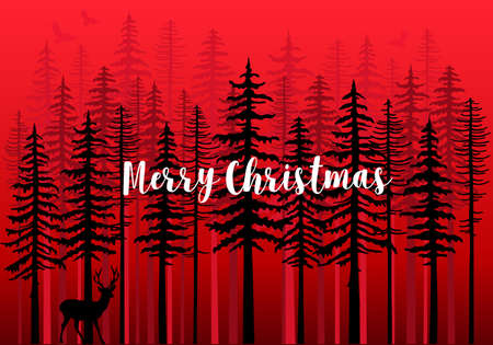 Christmas card with red winter forest, reindeer and birds, vector background illustrationのイラスト素材