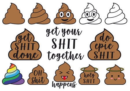 Poop emoji, get shit done, shit happens, holy shit, kawaii icons, set of vector graphic design...