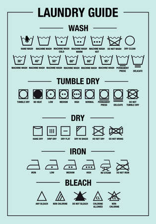 laundry guide art print and care signs, textile washing symbols for tags, labels, set of vector graphic design elementsのイラスト素材