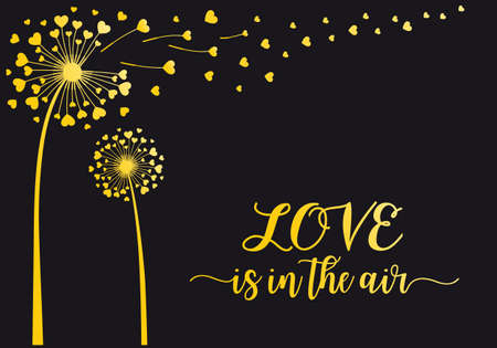 Gold dandelion flower with flying hearts, vector illustration for Valentine's day card, wedding invitationのイラスト素材