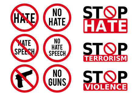 No hate speech sign, prohibition symbol, stop violence, fight against cyber bullying, set of vector design elementsのイラスト素材