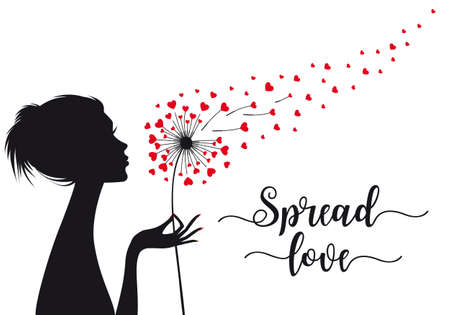 Spread love, woman holding dandelion flower with flying hearts, vector illustration for cards, art prints, wall artのイラスト素材