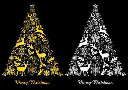 Christmas card with gold and white abstract, ornamental tree, vector illustrationのイラスト素材
