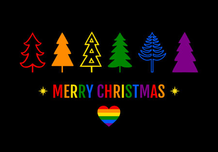 Rainbow Christmas trees, LGBT pride, gay, LGBTQ, heart symbol, vector Christmas cardのイラスト素材