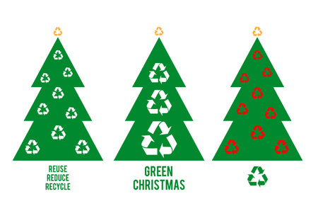 Green Christmas trees with recycling signs for cards, set of vector graphic design elementsのイラスト素材