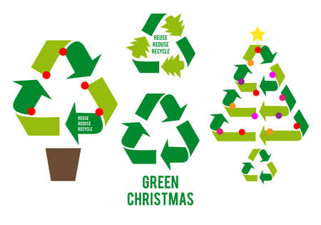 Green Christmas trees with recycling sign, reuse, reduce, recycle, vector set for Christmas cardsのイラスト素材
