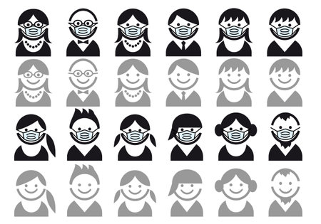 Avatars with medical face mask, user icons, people, smiling faces, vector setのイラスト素材