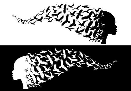 Beautiful black woman silhouette with flying birds, vector illustration on white backgroundのイラスト素材