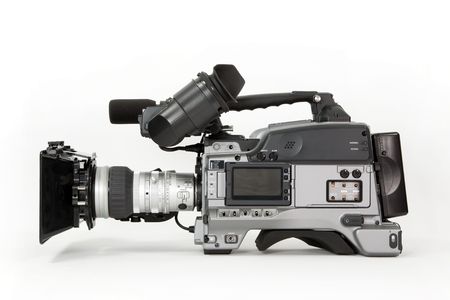 A professional high definition, tapeless broadcast camcorder. Shown with matte box and battery, isolated on whiteの写真素材