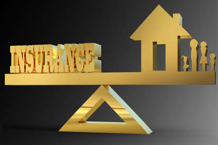 insurance word balanced with family and home on triangle. family insurance concept.の写真素材