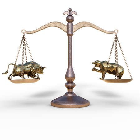 bear and bull on the scales on a white background.  foreign exchange conceptの写真素材