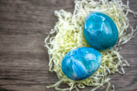 close-up of blue marble easter egg for celebration