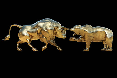 bear and bull on the scales on a black background. stock exchange conceptの写真素材
