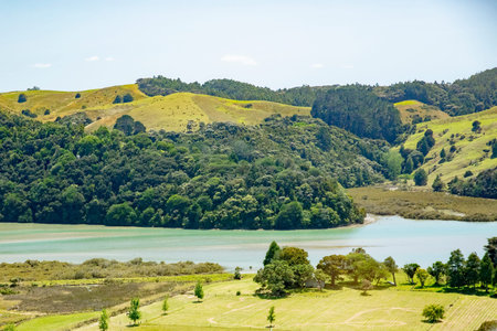 Scenic views of hills and inlet taken from Tea Aroroa Bypass, Twin Coast Discovery Hwy Houhora, New...