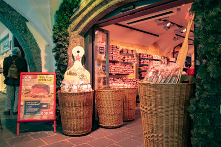 Shop of Handl Tyrol Speck Stube selling traditional smoked and air-dried tyrolean meat specialities. Taken in Innsbruck, Austria on October 15 2016のeditorial素材