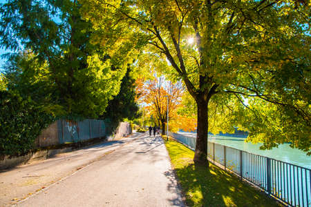 View of a street along Inns river in the Innsbruck town. Taken in Innsbruck, Austria on October 15 2016の写真素材