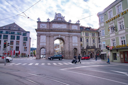 View of Triumphpforte is a triumphal arch in Innsbruck Altstadt Old Town. Taken in Innsbruck,...