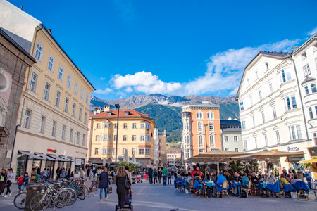 View of a street in the city centre. Taken in Innsbruck, Austria on October 15 2016のeditorial素材
