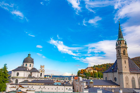 Church near to University Square and market area of University of Salzburg. Taken from aerial view of Festung Hohensalzburg fortress in Salzburg, Austria, October 20, 2016のeditorial素材