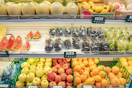 Fruits and vegetables department in japanese grocery store in Yakushima, Japan on September 16, 2016のeditorial素材